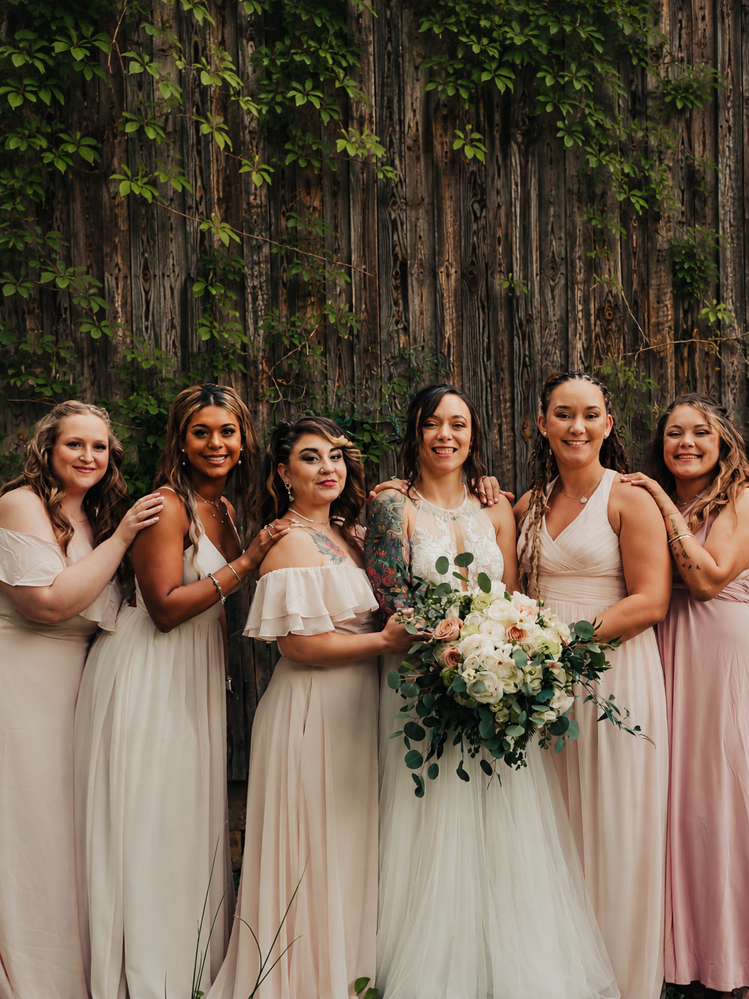 Bride with five bridesmaids in front of a wooden barn